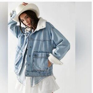 Free People We The Free Ariel Cozy Bomber Jacket Denim Sherpa Trim Size L